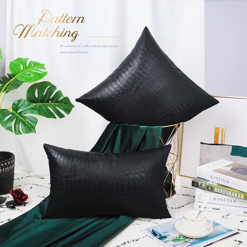 BRAWARM Faux Leather Pillow Covers 16 X 16 Inches, Black Leather Pillow Covers Pack of 2, Crocodile Leather Decorative Throw Pillows for Living Room Couch Bed Sofa Home - Image 3